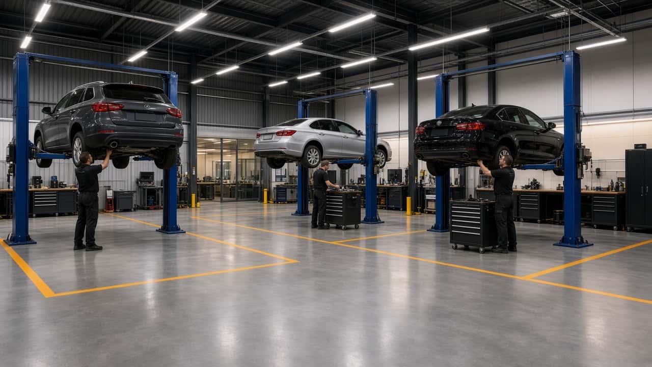Hidrolik liftlerde araçların bulunduğu geniş servis atölyesi