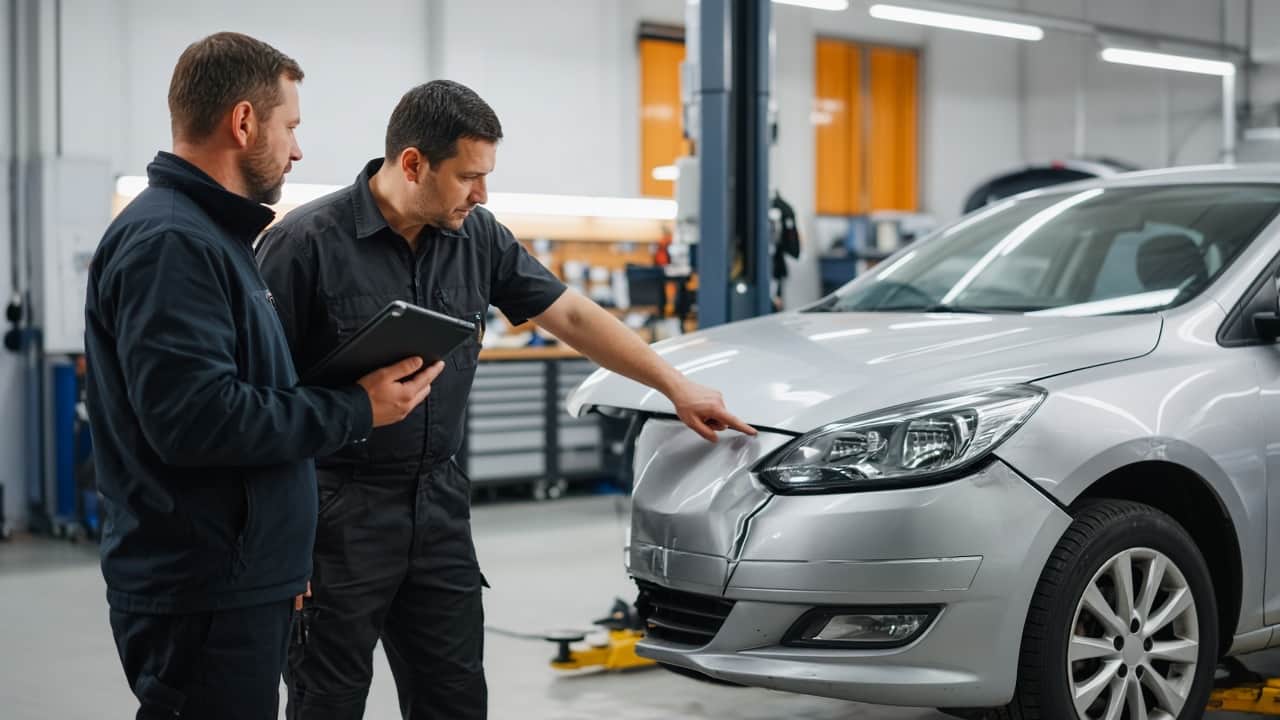 Eksperin kazalı araçtaki hasarı servis ustasıyla incelemesi