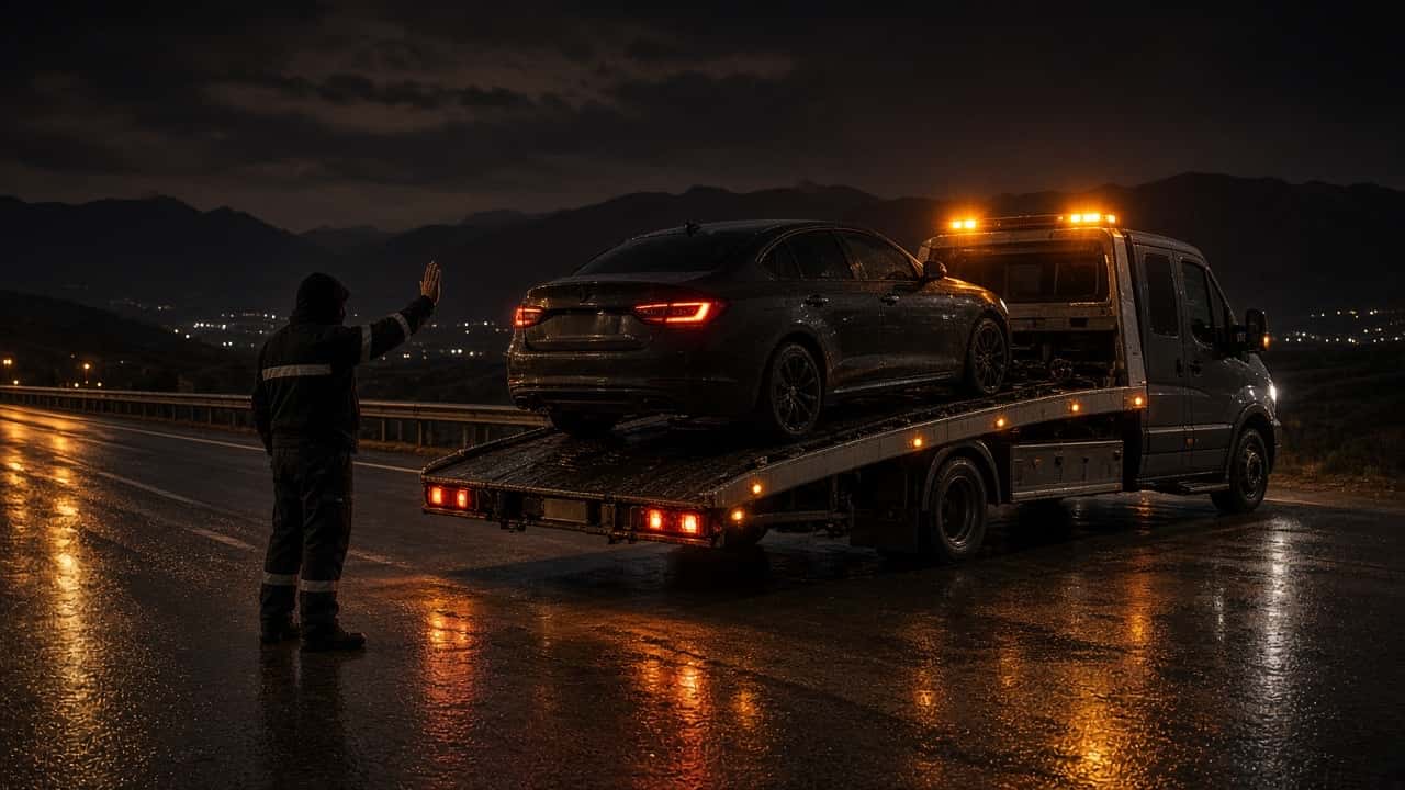 Gece yol kenarında çekiciye yüklenen araç